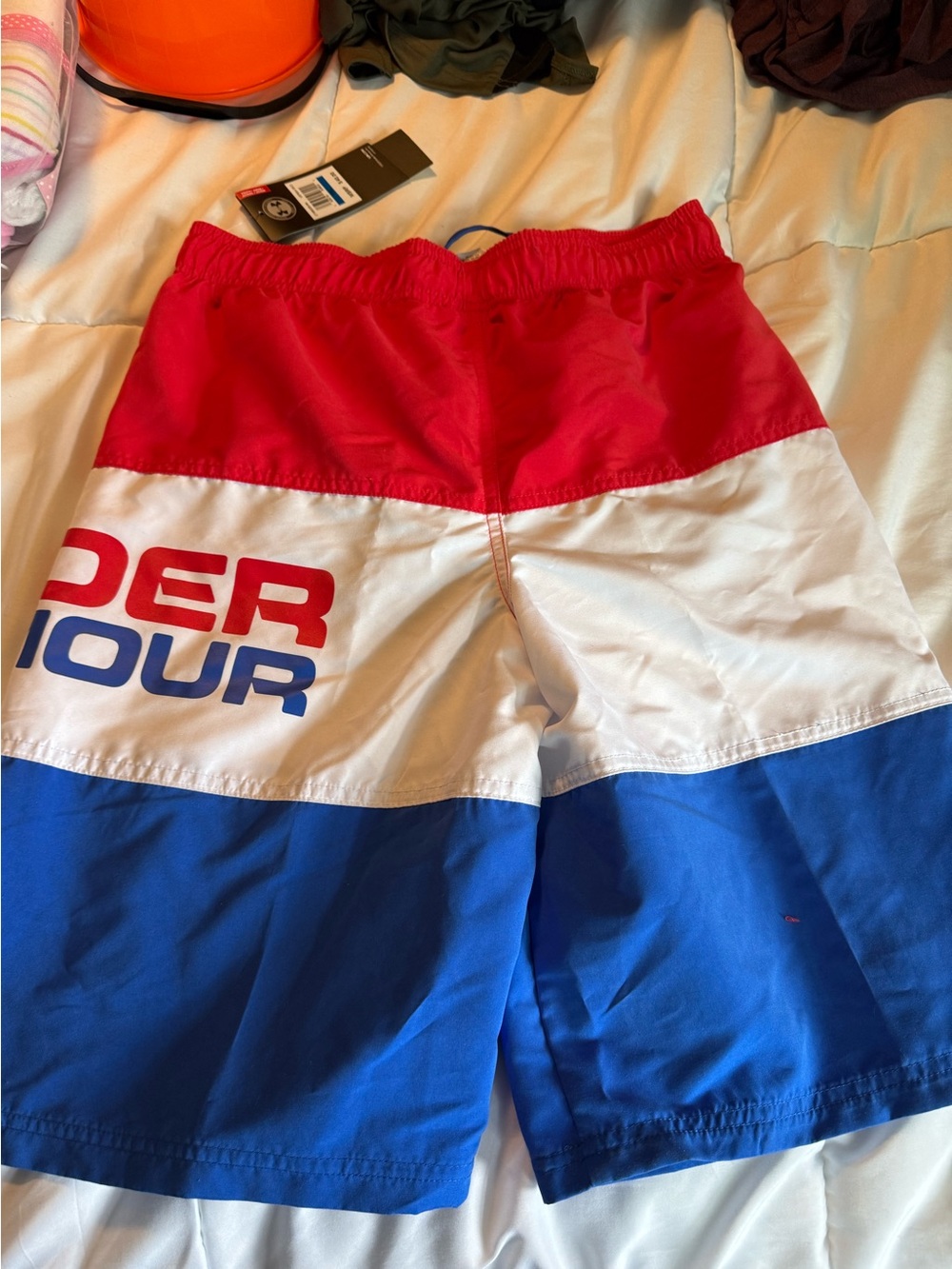 Under Armour Boys Red White Blue Colorblock Swim Trunks